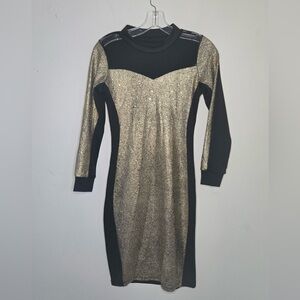 Gold & Black Metallic Bodycon Dress Long Sleeve Size M Lined Party Cocktail